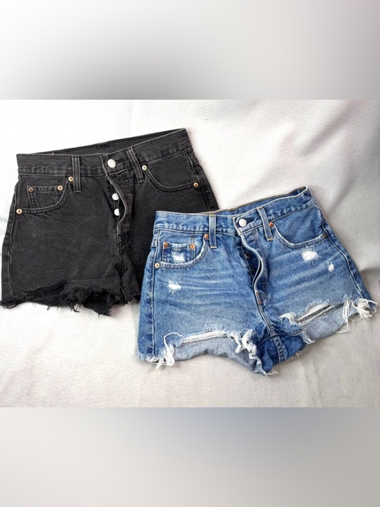 Levi's Pants - Levi's 501 S Button Fly Raw Hem Black & Blue Distressed Denim Shorts Duo